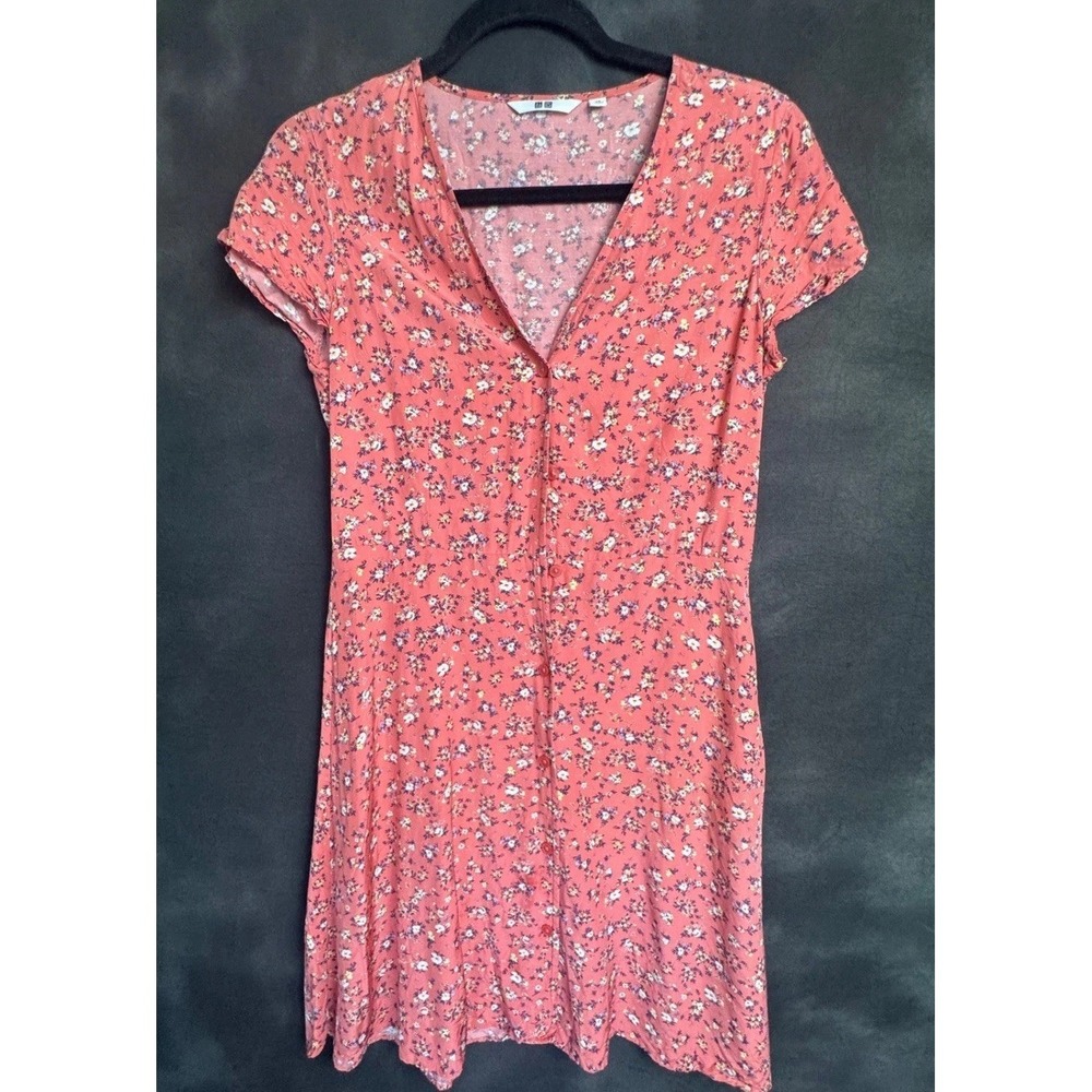 Uniqlo Floral Button Front Dress XS Coral Pink Ditsy Mini cottagecore Casual